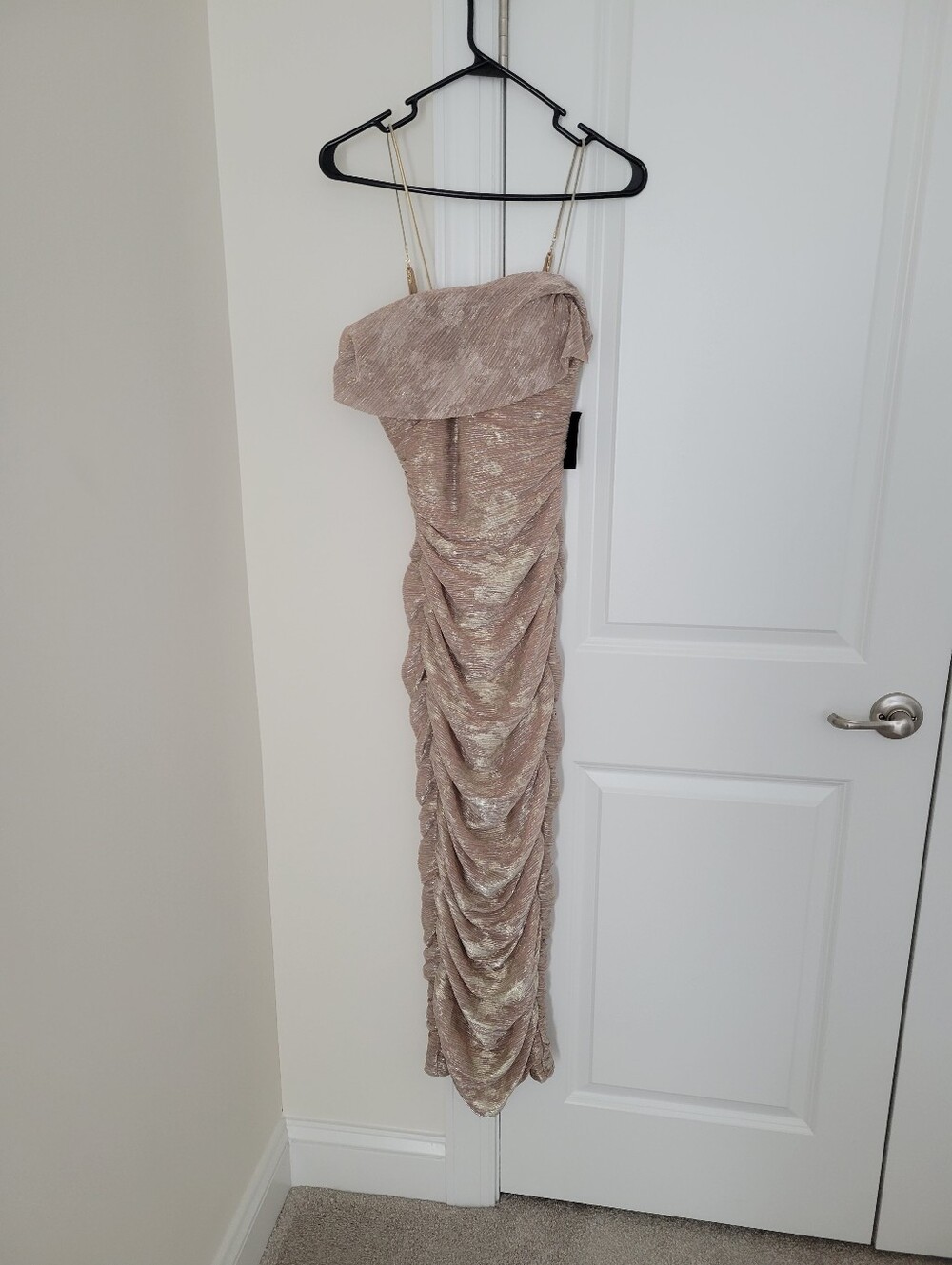 JLUXLABEL One-Shoulder Metallic Taupe Ruched Evening Gown